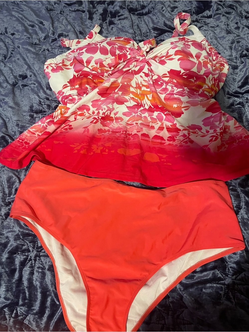 Floral Pink Ombre Tankini Top with Coral High-Waist Bottoms